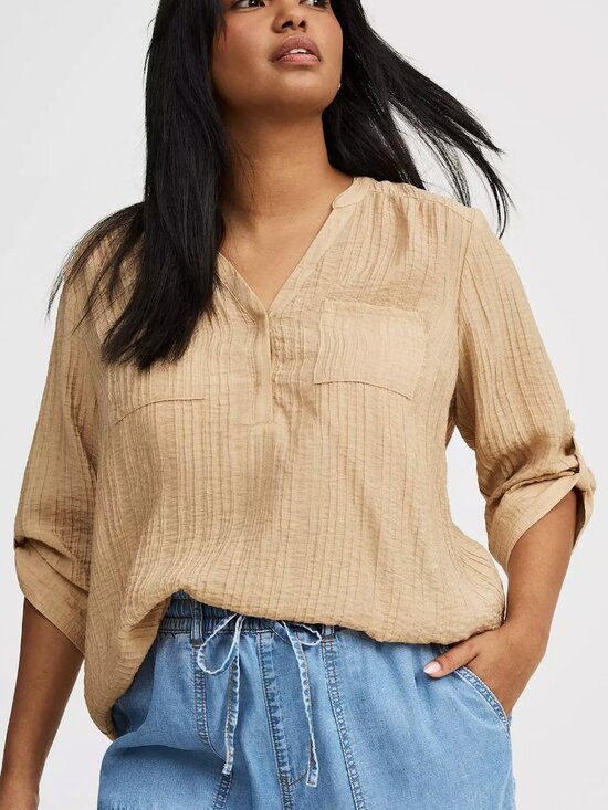 torrid Tops - TORRID 3 Plus Size Harper Textured Stripe 3/4 Pullover Blouse Tan Brown Work 3X